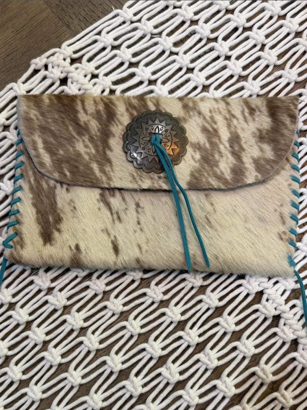 Brown & Cream Cowhide Buffalo Leather Foldover Clutch with Turquoise Lacing